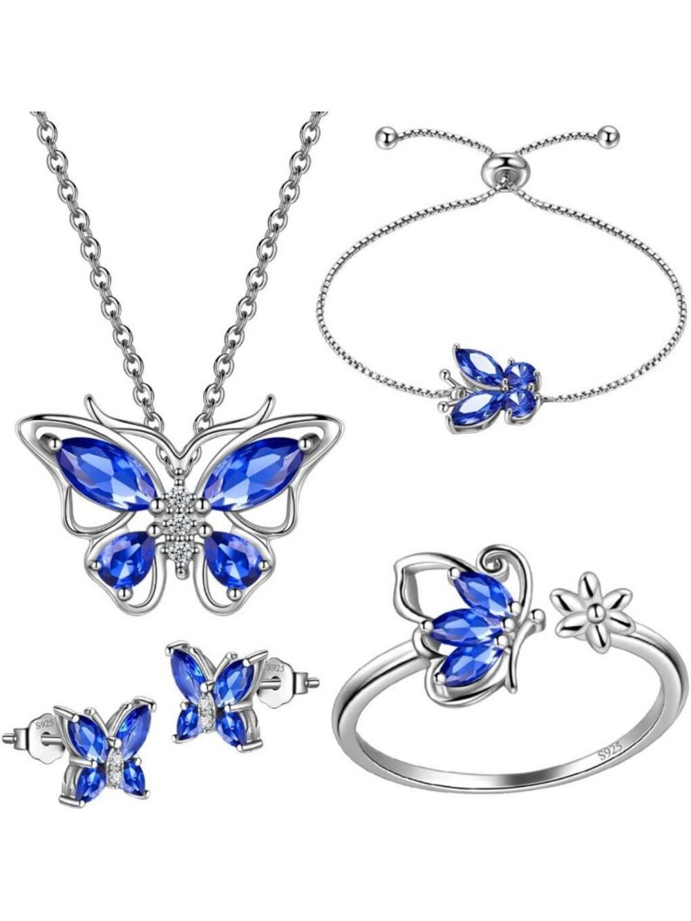 925 Sterling Silver Birthstone Butterfly Jewelry Set - Cute Crystal Necklace